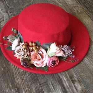 Women’s Red Felt Hat with Floral Trim